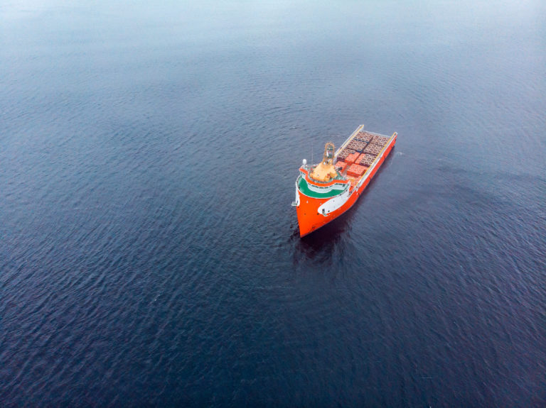 Offshore supply boat sea support ship oil industry during. Aerial top view