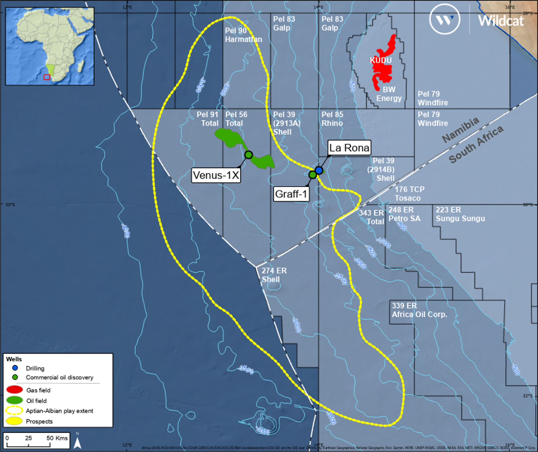 Offshore Namibia and South Africa showing licenced acreage, block operators, possible extent of the Aptian-Albian play fairway and recent discoveries
