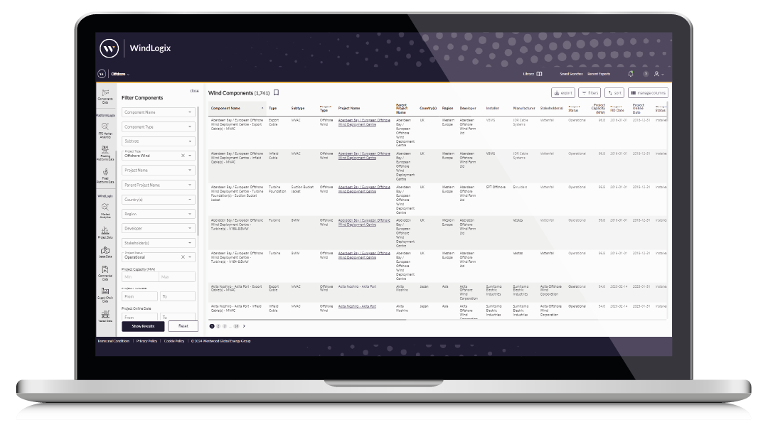 WLX-Components Search Laptop Screen, WindLogix Product, offshore wind farms; offshore wind projects; offshore wind database; windlogix; global offshore wind farms database