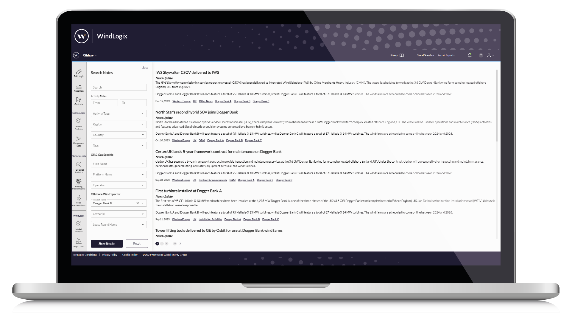 WLX-DLX Laptop Screen, WindLogix Product, offshore wind farms; offshore wind projects; offshore wind database; windlogix; global offshore wind farms database