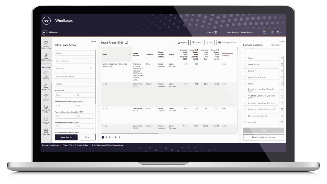 WLX-Lease Area Search Laptop Screen, WindLogix Product, offshore wind farms; offshore wind projects; offshore wind database; windlogix; global offshore wind farms database