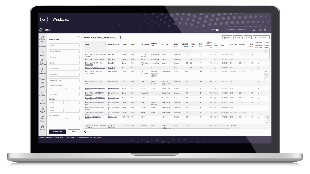WLX-PPAs Search Laptop Screen, WindLogix Product, offshore wind farms; offshore wind projects; offshore wind database; windlogix; global offshore wind farms database