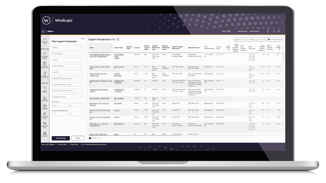 WLX-Support Mechanisms Search Laptop Screen, WindLogix Product, offshore wind farms; offshore wind projects; offshore wind database; windlogix; global offshore wind farms database