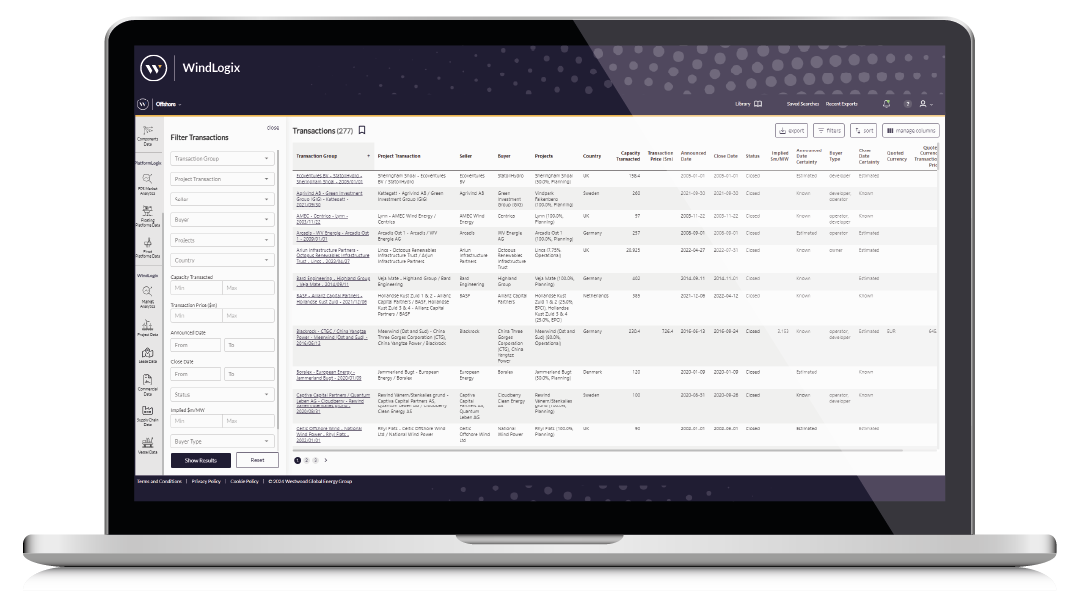 WLX-Transactions Search Laptop Screen, WindLogix Product, offshore wind farms; offshore wind projects; offshore wind database; windlogix; global offshore wind farms database