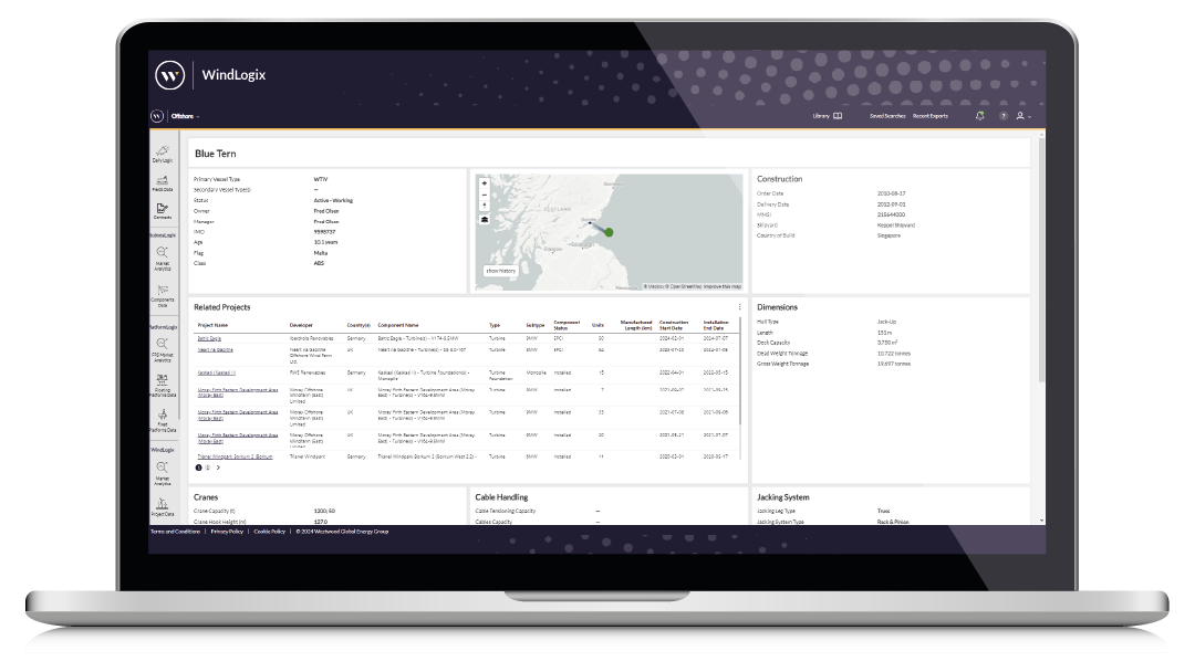 WLX-Vessels Profile Laptop Screen, WindLogix Product, offshore wind farms; offshore wind projects; offshore wind database; windlogix; global offshore wind farms database